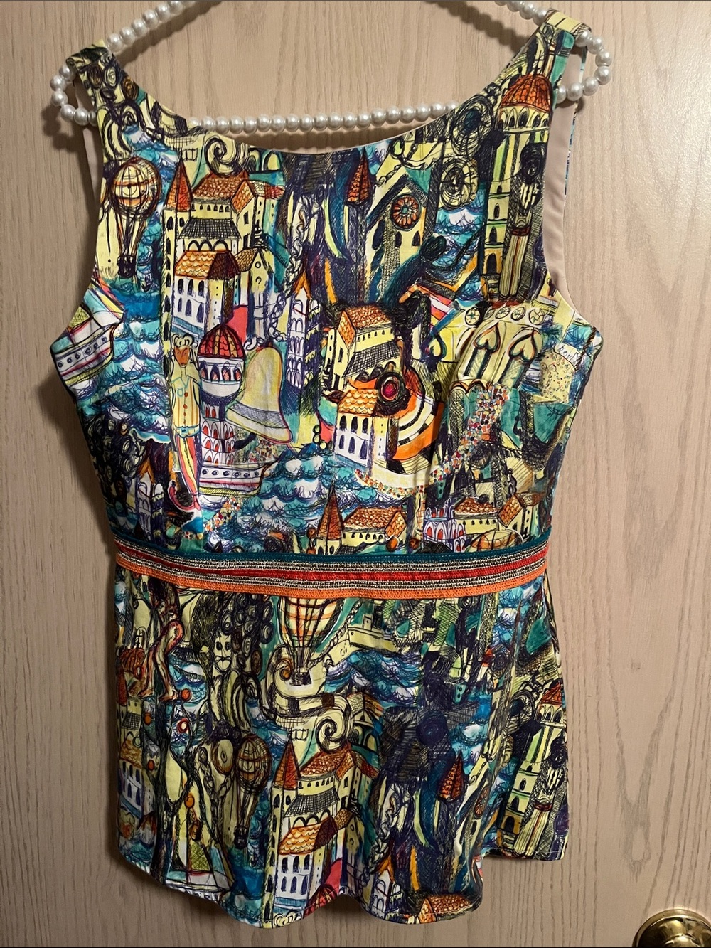 Printed Cityscape Peplum Tank Top - Multicolor
